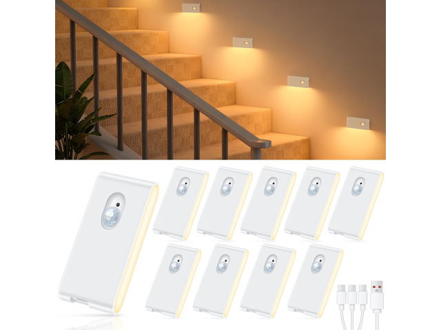 Rechargeable Night Light, Warm White Stair Lights Indoor, Wireless Motion Sensor Night Light, Stick On Lights for Stairs, Hallway, Stairway,...