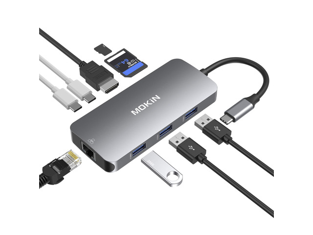 MOKiN USB C Hub HDMI Adapter, 9 in 1 Dongle with 3 USB Port, RJ45 Ethernet, SD/TF Card Reader, 100W PD Charging, Compatible with MacBook Pro/Air, Gray