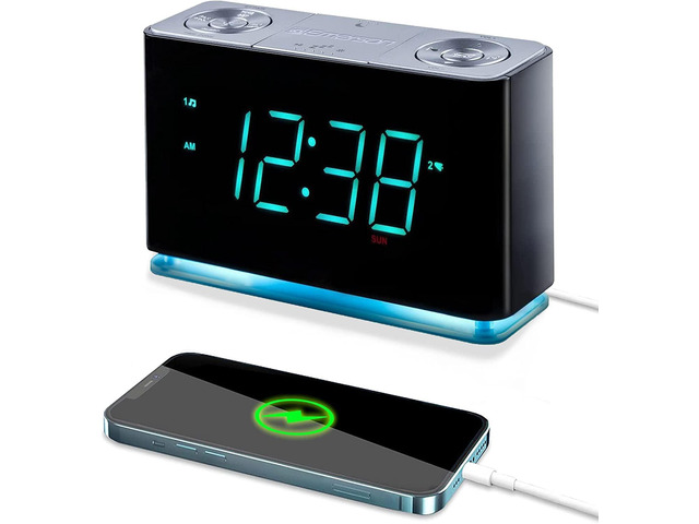 Smartset Alarm Clock Radio with Bluetooth Speaker with USB Port for iPhone/iPad/iPod/Android and Tablets, 1.4' Cyan LED Display and Night Light,...