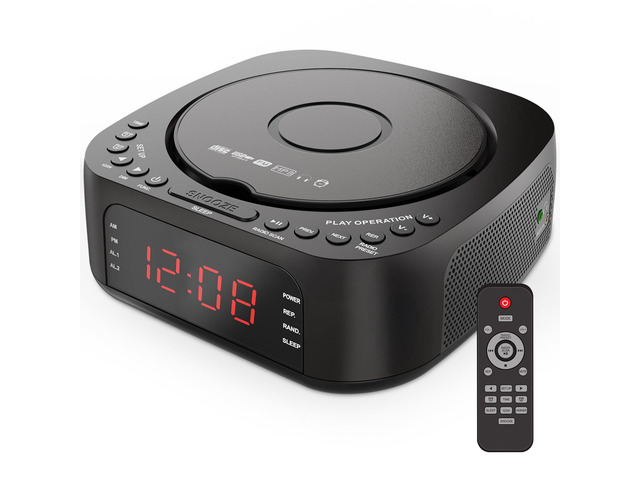 CD Player Alarm Clock with Remote CD/MP3, Bluetooth, FM Radio with Speakers, USB Charger and Dimmable Display, Dual Alarm for Heavy/Light Sleeper