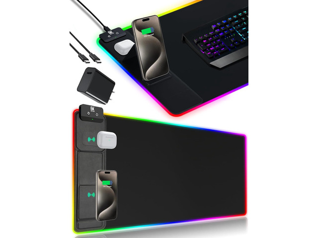 XXL Mouse Pad with Phone Holder - Black, RGB Desk Mat with 15W Fast Charging, LED Gaming Mousepad with 11 Light Colors, Waterproof Non-Slip Pad for...