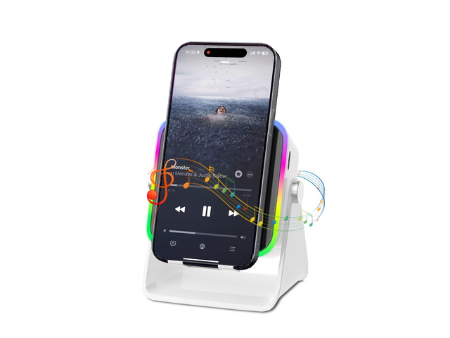 Wireless Induction Speaker 5-in-1 Bluetooth Speaker with Phone Holder, Surround Sound, 3500mAh, 8 RGB Ambient Lights, 360° Adjustable Stand, Holder...