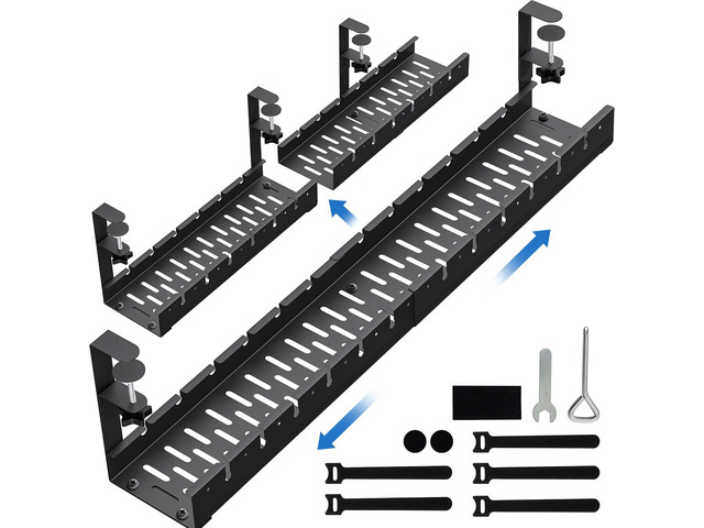 No Drilling Extendable Under Desk Cable Management, Metal Cable Management Tray Under Desk with Clamp, Retractable Power Strip Cord Holder for Wire...