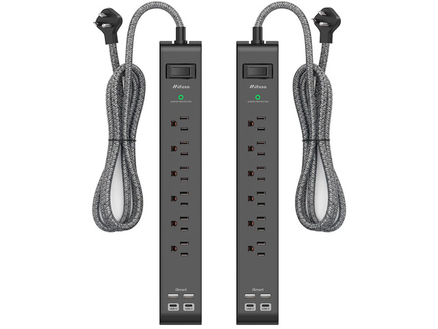 2 Pack 12FT Surge Protector Power Strip, Slim Flat Plug 6 Outlets 4 USB Charging Ports, Braided Extension Cord, Wall Mount for Home Office Dorm