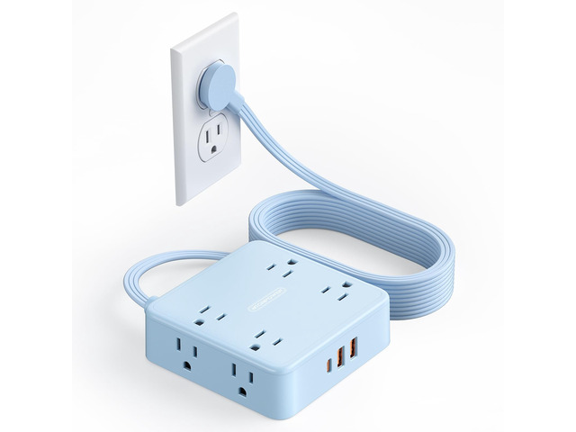 5 FT Blue Extension Cord, Power Strip with 8 Outlets 3 USB Ports, 3 Prong, Wall Mount Flat Plug Outlet Extender for Home Office, WideCube