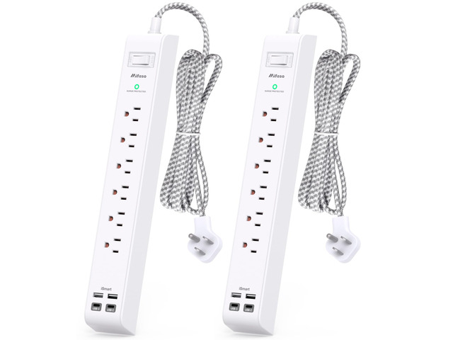 2 Pack Power Strip Surge Protector, Flat Plug Extension Cord 6 Outlets 4 USB Charging Ports, 5Ft Braided Cord, Overload Protection, Wall Mount for...
