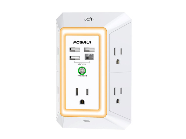 3-Sided Outlet Extender with Night Light - Multi Plug Outlet with 5 Outlets and 4 USB Ports(1 USB-C), USB Wall Charger for Home, Office, Travel,...