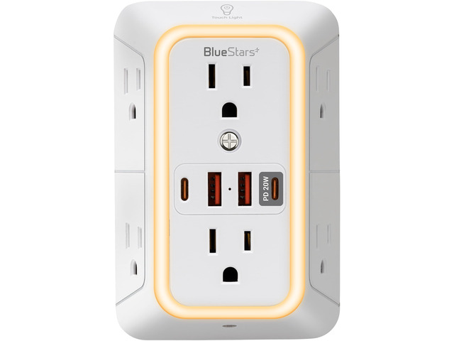Surge Protector Outlet Extender, 6 Outlets & 4 USB Ports with Fast Charging Type C PD 20W, Night Light, 3-Sided Power Strip, Multi Plug Wall...