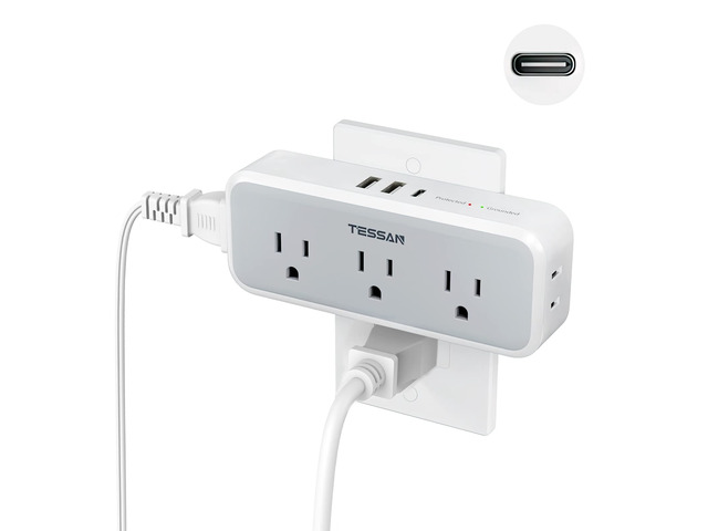 Multi Plug Outlet Extender, USB C Wall Charger, Surge Protector,Grey 5 Outlets and 3 USB (1 USB C), Electrical Power Expander with Surge Protector...