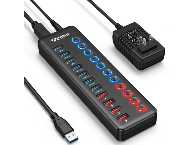 Powered USB 3.0 Hub, Wenter 11-Port Hub Splitter (7 Faster Data Transfer Ports+ 4 Smart Charging Ports) with Individual LED On/Off Switches, Power...
