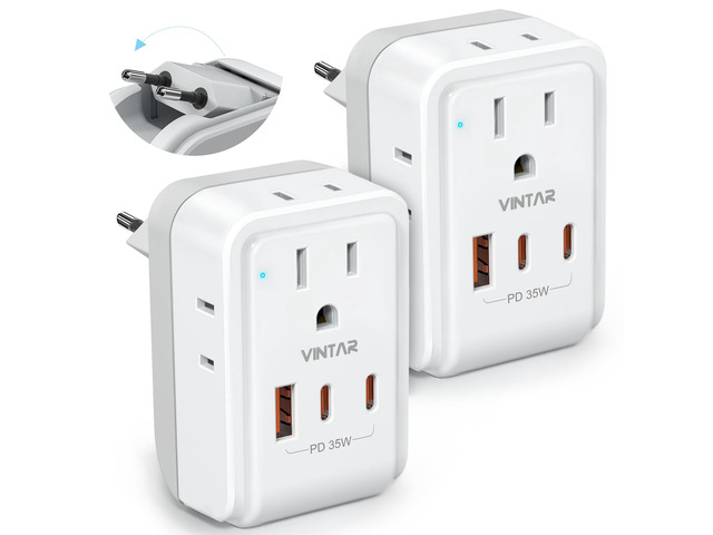 2 Pack European Travel Plug Adapter, PD 35W Type C Foldable Plug 7 in 1 with 4 AC Outlets 3 USB Ports(2 USB C), International Power Adaptor for US...