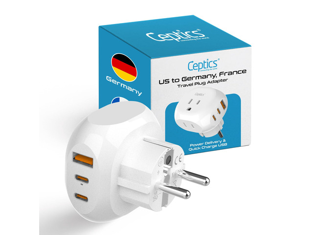 European Schuko Travel Adapter - 5 Input with 20W PD-QC 3.1A Dual USB-C and USB - Ultra Compact - Light Weight - USA to Type E/F Countries Such as...