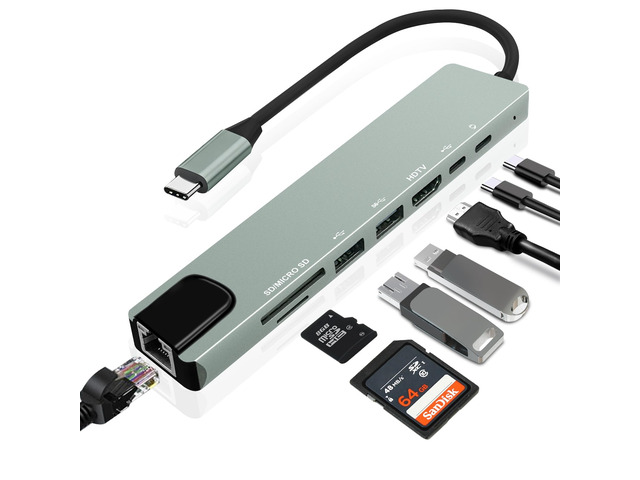 8-in-1 USB-C Hub, Multi-Port Adapter for Laptops, 4K@60Hz HDMI, 85W Power Delivery, 3X USB-A 3.0 & USB-C Data Ports, SD/TF Card Reader, for Type-C...
