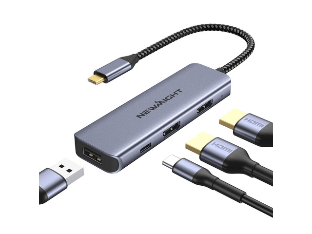USB C Dual HDMI Adapter for 2 Monitors, 4-in-1 USB C to Dual Monitor HDMI Splitter, Supports Single 4K 60Hz and Dual 4K 30Hz, 100W PD, USB-A Port...