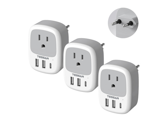 3 Pack US to European Travel Plug Adapter with 3 USB Ports (1 USB C)