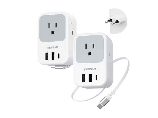 European Travel Plug Adapter, 2 Pack Built-in 20W Retractable USB-C Cable, Type C Power Adapter, 3 AC Outlets 4 USB Ports