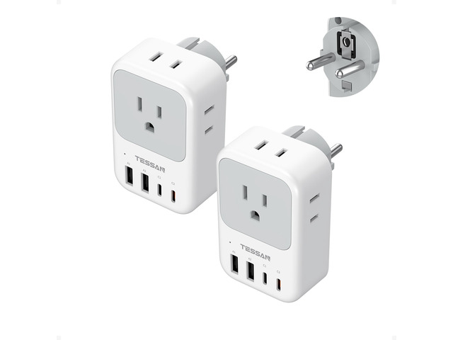 Type F Plug Adapter 2 Pack, PD 20W South Korea Outlet Adapter 4 AC Outlets, 4 USB Ports (2 USB C), Type E Power Adaptor, For US to Europe Spain...