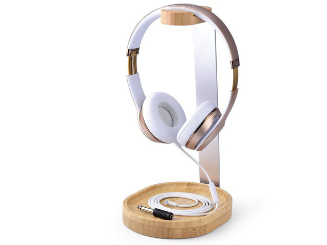 TR902 - Universal Wooden & Aluminum Headphone Stand Hanger with Cable Holder, Sturdy Desk Headset Mount Rack