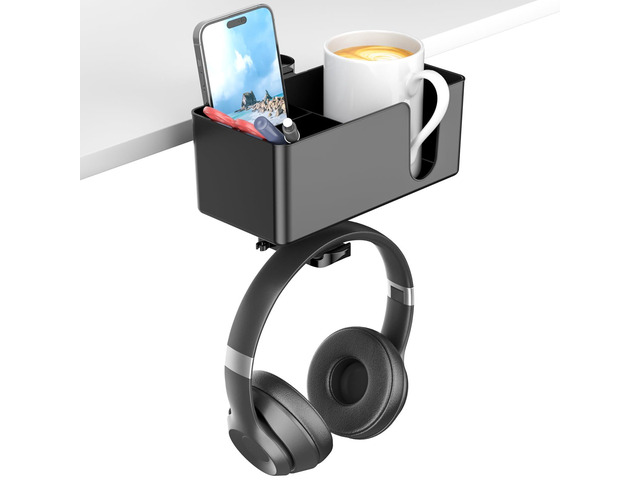 4 in 1 Desk Cup Holder - Clamp on Under Desk Headphone Hanger - Rotating Headphone Holder Detachable Pen Cup Holder Desktop Storage for Cup, Phone...