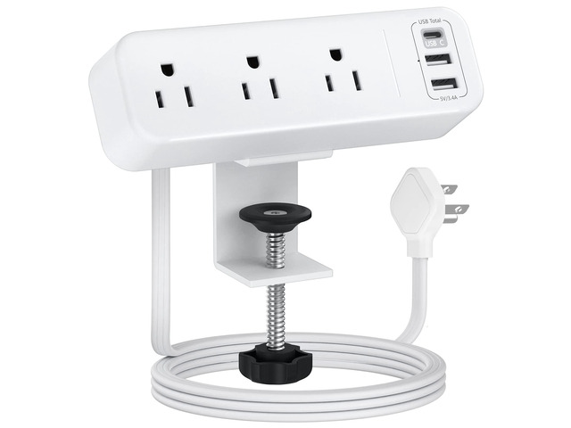 3 Outlet Desk Clamp Power Strip, 6.5 ft Extension Cord, Flat Plug Power Strip with USB C, Desktop Edge, Desk Mount Clamp Socket, for 1.6 inch...