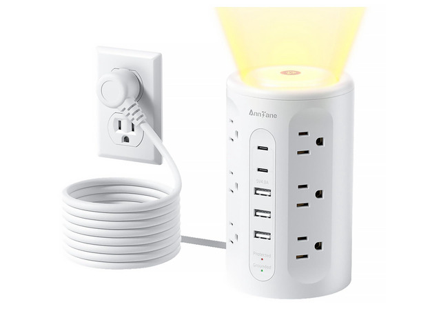 Power Strip Tower with Night Light, Power Strip with USB Ports, 10 FT Extension Cord with Multiple Outlets (12AC+3A+2C) for Home Office Desk...