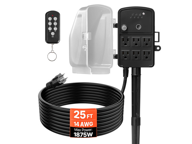 Outdoor Power Stake Timer, 25FT Extension Cord, Remote Control Outdoor Power Strip with Cover, Dusk to Dawn Light Timer Waterproof, 6 Outlets for...