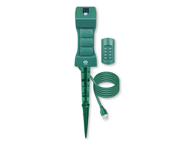Outdoor Remote Control Power Stake with Photocell Timer 2/4/6/8 Hour Countdown, Dusk to Dawn, 3 Grounded Outlets 6FT Cord, UL Listed, Green
