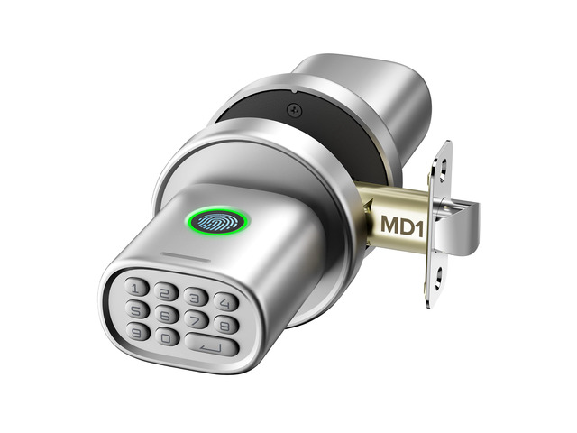 MD1 Fingerprint Door Knob Lock with Keypad, Silver 4x AA Alkaline Batteries, Biometric, Electric, Auto-Lock, for Bedroom, Garage, Office, Pantry...
