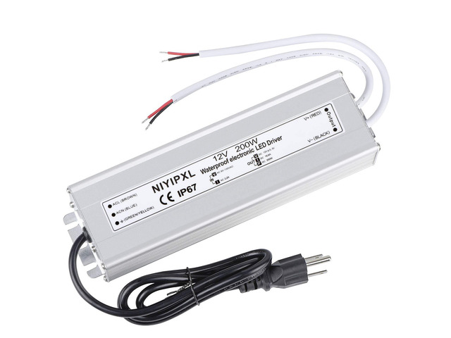 KEHIPI LED Driver 200 Watts Waterproof IP67 Power Supply Transformer Adapter 90V-130V AC to 12V DC Low Voltage Output with 3-Prong Plug 3.3 Feet...