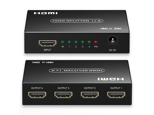 HDMI Splitter 1 in 4 Out, 1x4 HDMI Splitter Support 4K@60Hz Full HD 1080P & 3D, Compatible with Xbox PS3/4 Roku Blu-Ray Player