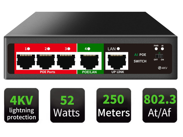 5 Port PoE+ Switch Easy Smart Managed Ethernet Switch Support VLAN, QoS 52W Total PoE Budget Fanless Metal Plug & Play (Desktop/Wall Mount)