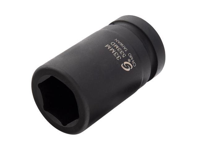 SUNEX TOOLS 533MD, 1 Inch Drive, 33mm Deep Impact Socket, Cr-Mo Steel, Radius Corner Design, Chamfered Opening, Dual Size Markings