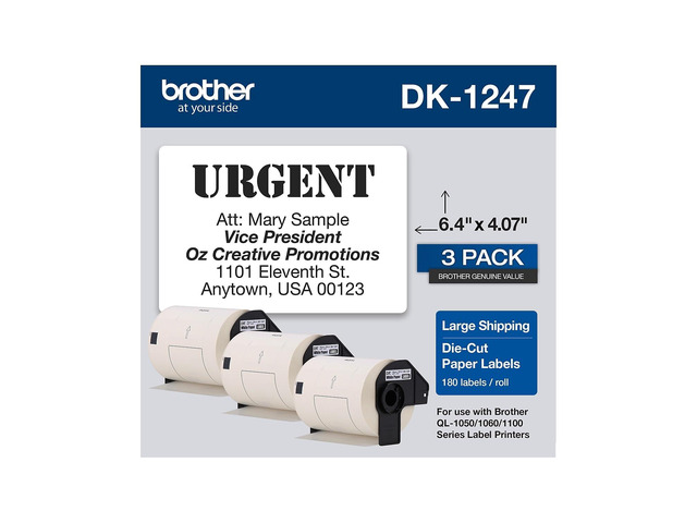 Genuine DK-12473PK Die-Cut Large Shipping Paper Labels, 4.07 in x 6.4 in (103 mm x 164 mm) Large Shipping White Paper Labels, 180 Labels per Roll,...