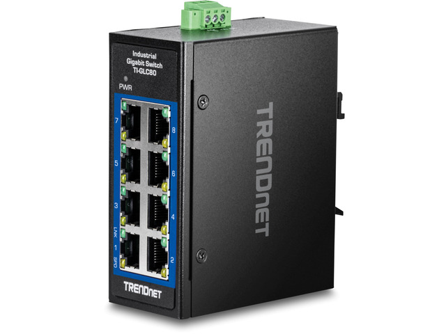 TRENDnet 8-Port Industrial Gigabit DIN-Rail Mini Switch, TI-GLC80, 8 x Gigabit Ports, Extreme Temperature IP30 Rated, 16Gbps Switch Capacity, Black