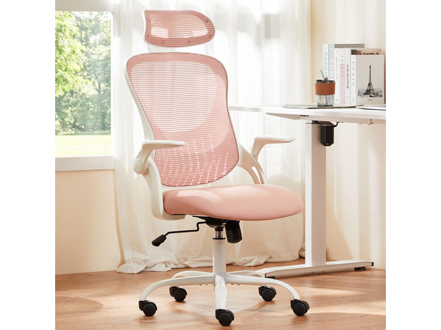 Home Office Chair, High Back Office Chair, Lumbar Support, Pink Mesh with Adjustable Headrest, Comfortable Flip-up Armrest for Bedroom Study...