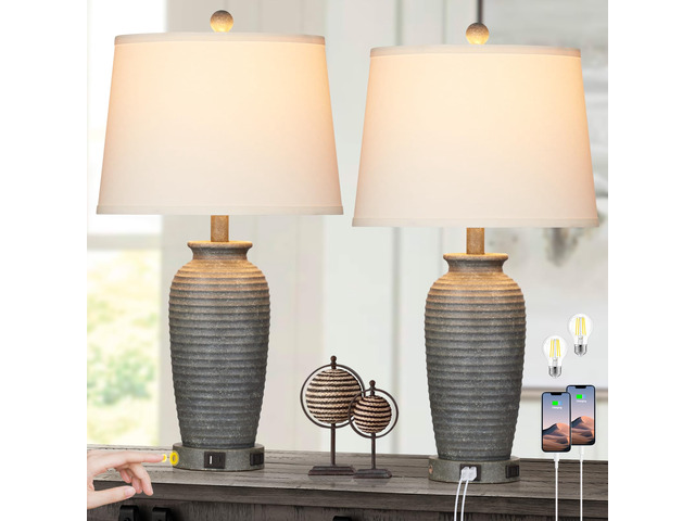 25' Farmhouse Jar Table Lamps Set of 2, 3 Way Touch Control Rustic Bedside Lamps with USB A+C Ports & AC Outlet, Pot Nightstand Lamps for Bedroom...