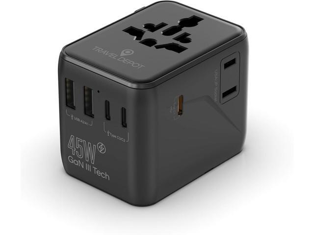 TRAVEL DEPOT 7 in 1 Travel Adapter Worldwide w/GaN 45W, 2 USB-A (15W), 3 USB-C (45W), 2 AC Outlets, Safety Certified International Plug Adapter for...