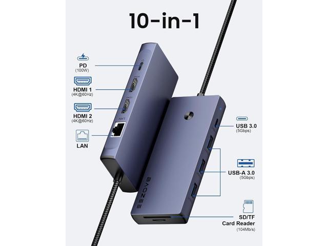 Laptop Docking Station Dual Monitor, 10-in-1 USB-C Hub with Dual HDMI 4K, Ethernet, PD 100W Charging, USB 3.0 USB-A and USB-C with 5Gbps Data...
