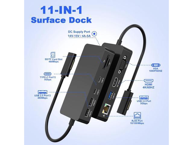 Surface Docking Station with Power Adapter, 11-in-1 Surface Dock, Dual Monitor 4K HDMI & VGA, Ethernet, USB Hub, SD/TF Card Reader for Surface...