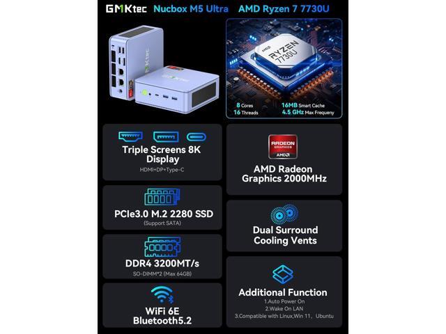 GMKtec M5 Ultra Gaming Mini PC Ryzen 7 7730U (Upgraded 7430U/ 5825U), 32GB RAM 512GB SSD Dual NIC LAN 2.5GbE Desktop Computers, Triple 4K Display,...