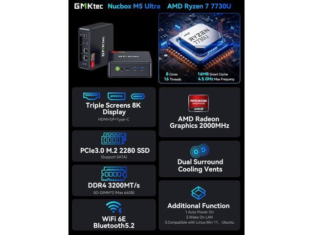 GMKtec M5 Ultra Gaming Mini PC Ryzen 7 7730U (Upgraded 7430U/ 5825U), 32GB RAM 512GB SSD Dual NIC LAN 2.5GbE Desktop Computers, Triple 4K Display,...