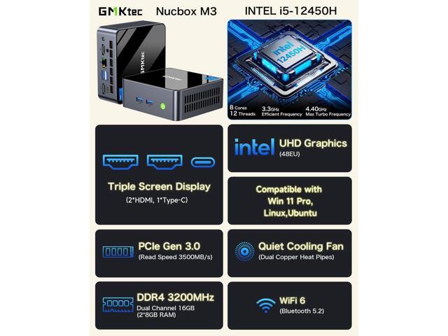 GMKtec M3 Mini PC Intel i5-12450H (8C/12T, up to 4.40GHz) Desktop Computer 16GB DDR4 (8GB*2) 1TB SSD, HDMI 4K, 4X USB 3.2, USB-C, WiFi 6, BT 5.2,...