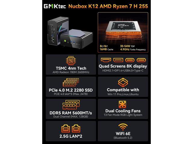 GMKtec K12 Gaming Mini PC Oculink AMD Ryzen 7 H 255 (Upgraded 8745HS) 32GB DDR5 RAM 512GB SSD, Desktop Computer Radeon 780M Graphics, 3X M.2 2280...