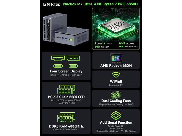 GMKtec Gaming PC Mini Computer, M7 Ultra Ryzen 7 PRO 6850U 32GB DDR5 RAM + 512GB Hard Drive PCle SSD Oculink Dual NIC LAN 2.5G Desktop, Dual USB4,...