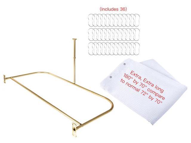 Utopia Alley D-Shaped Shower Rod with Ceiling Support, 28-68' Non-Adjustable Rust-Free Large Space Shower Rod, Gold + White Shower Curtain 180x70 inch