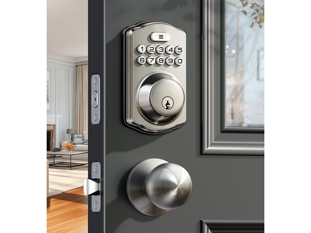 KS01C Keyless Entry Deadbolt Door Lock with Knobs, Satin Nickel Electronic Backlit Keypad Handle Set, Auto Lock, Anti-Peep Code, One-time Code, for...
