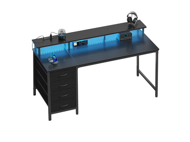 40-Inch Gaming Computer Desk with Drawers for Home Office, Black Small Desk with Monitor Stand for Bedroom Study and Writing, PC Desk with Power...