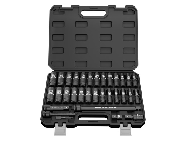 32PCS Impact Socket Set 1/2' Drive Metric & SAE Deep Sockets Heavy Duty CR-V Steel Construction with Extension Bar, 6-Point Design, Laser Markings...