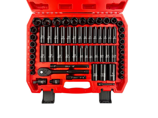 64pcs 3/8' Socket Set,Drive Impact Socket Set, SAE/Metric, Deep & Shallow, Cr-V Steel, 6 Point with Adapters, 72T Ratchet Handle, Extension BarsBit...