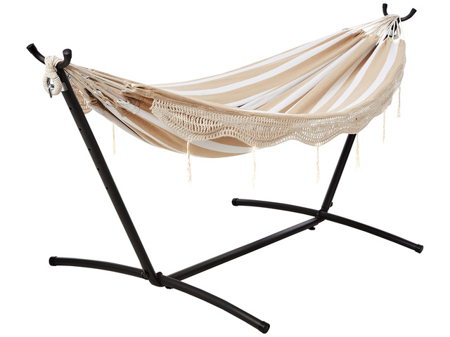 Double Hammock with 9-Foot Space Saving Steel Stand and Carrying Case, 2 Person, 450 lb Capacity, Beige Stripe with Lace, 110' x 47' x 43'